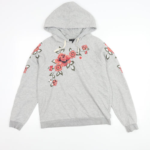 Topshop Women's Grey Floral Embroidered Hoodie S