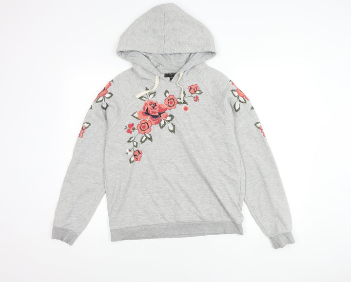 Topshop Women's Grey Floral Embroidered Hoodie S