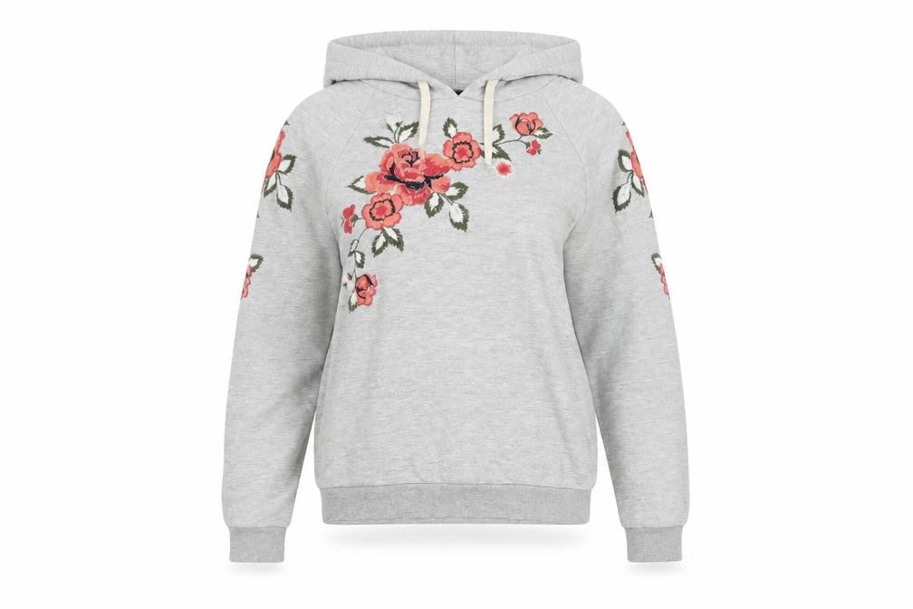 Topshop Women's Grey Floral Embroidered Hoodie S