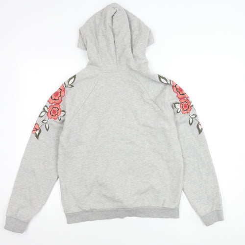 Topshop Women's Grey Floral Embroidered Hoodie S