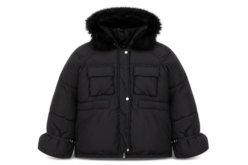Front view of Boohoo Women's Black Puffer Jacket, size 14, - Winter Essential