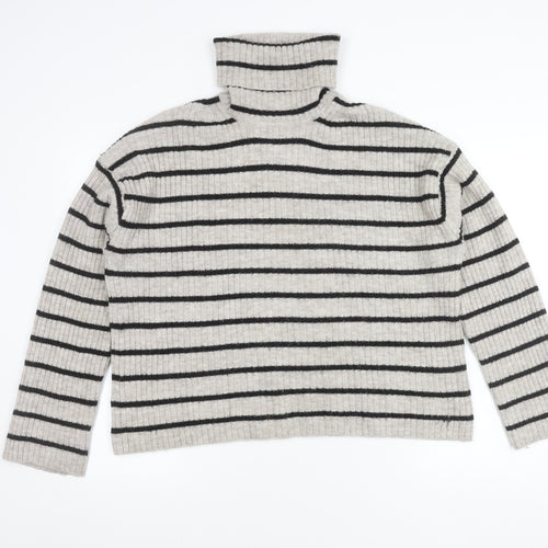 H&M Women's Grey Striped Roll Neck Jumper Size M