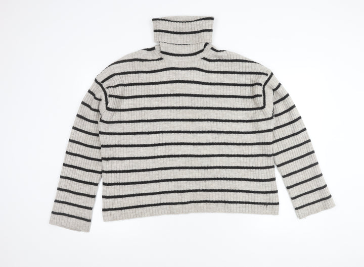 H&M Women's Grey Striped Roll Neck Jumper Size M