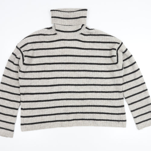 H&M Women's Grey Striped Roll Neck Jumper Size M
