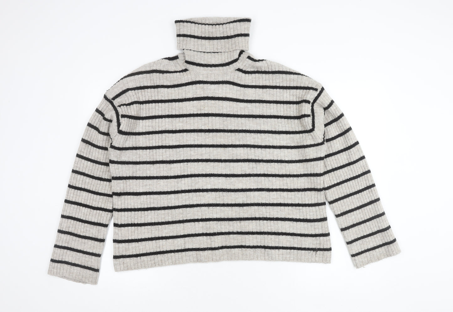 H&M Women's Grey Striped Roll Neck Jumper Size M