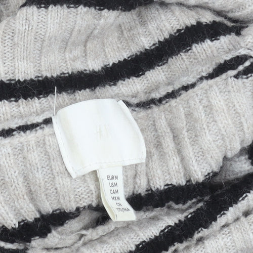 H&M Women's Grey Striped Roll Neck Jumper Size M