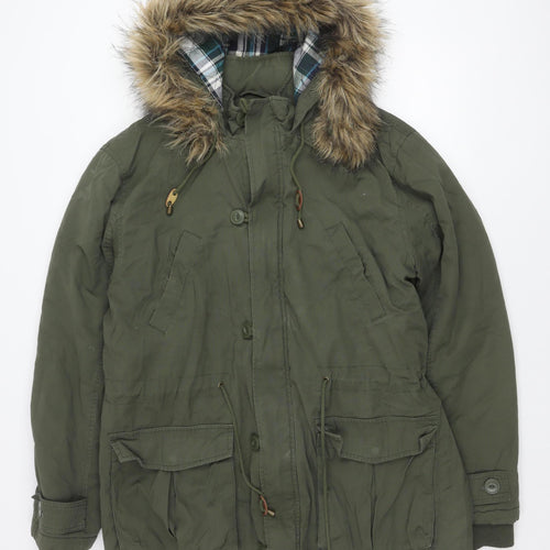 George Men's XL Green Hooded Parka Jacket with Fur Trim