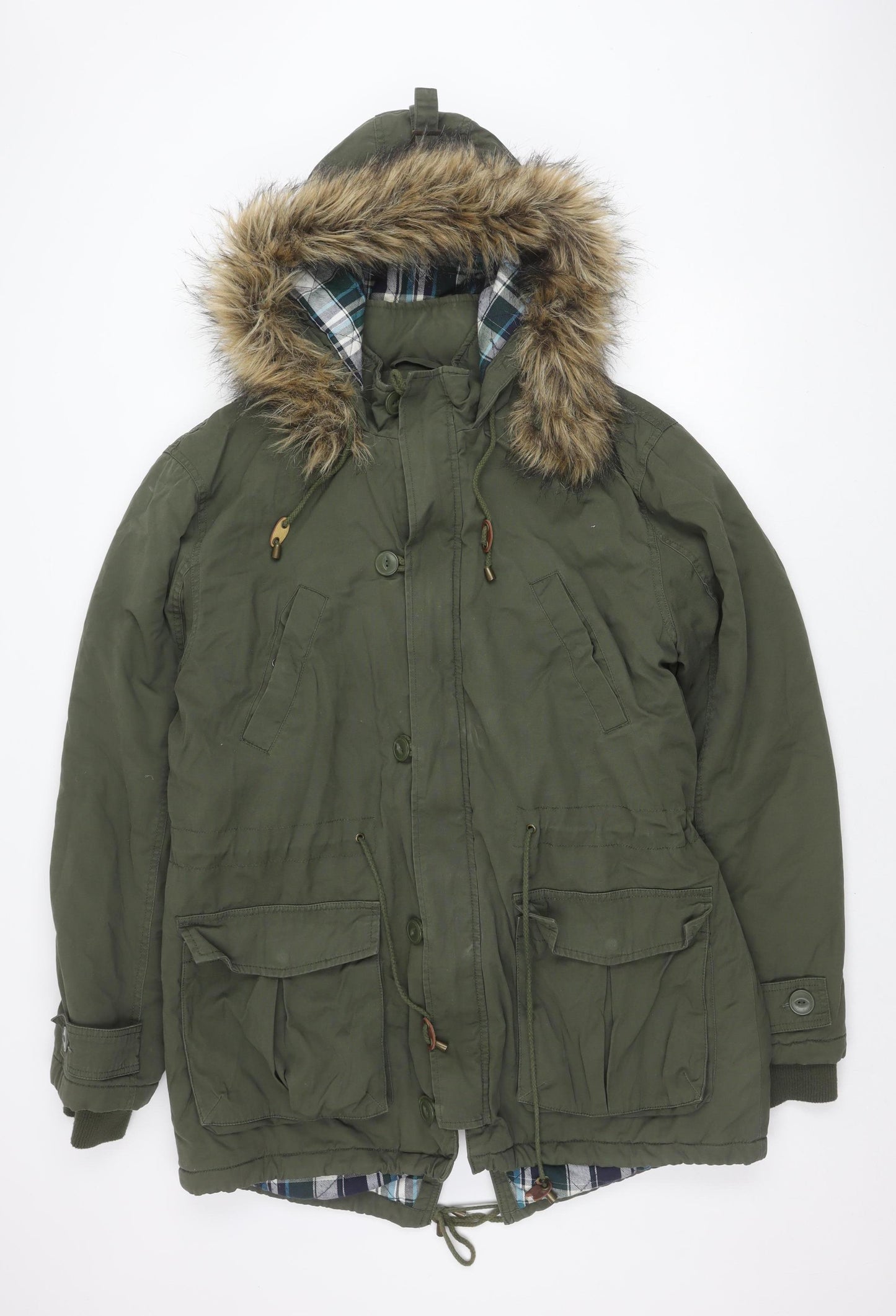 George Men's XL Green Hooded Parka Jacket with Fur Trim