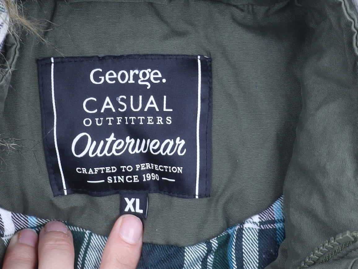 George Men's XL Green Hooded Parka Jacket with Fur Trim