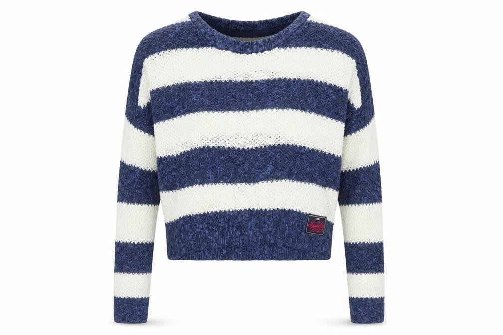 Front view of Superdry Women's Striped Jumper L Blue Knit Pullover