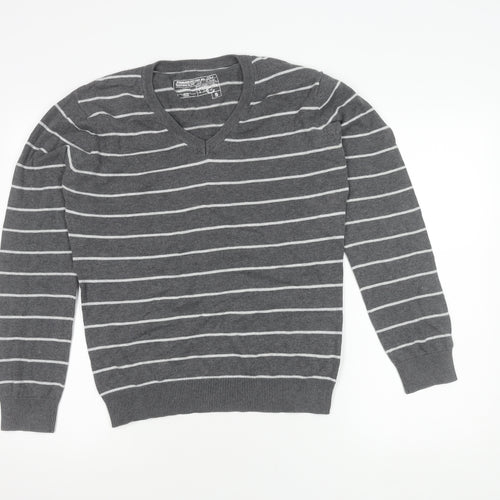 Women's Grey Striped V-Neck Pullover Jumper - S