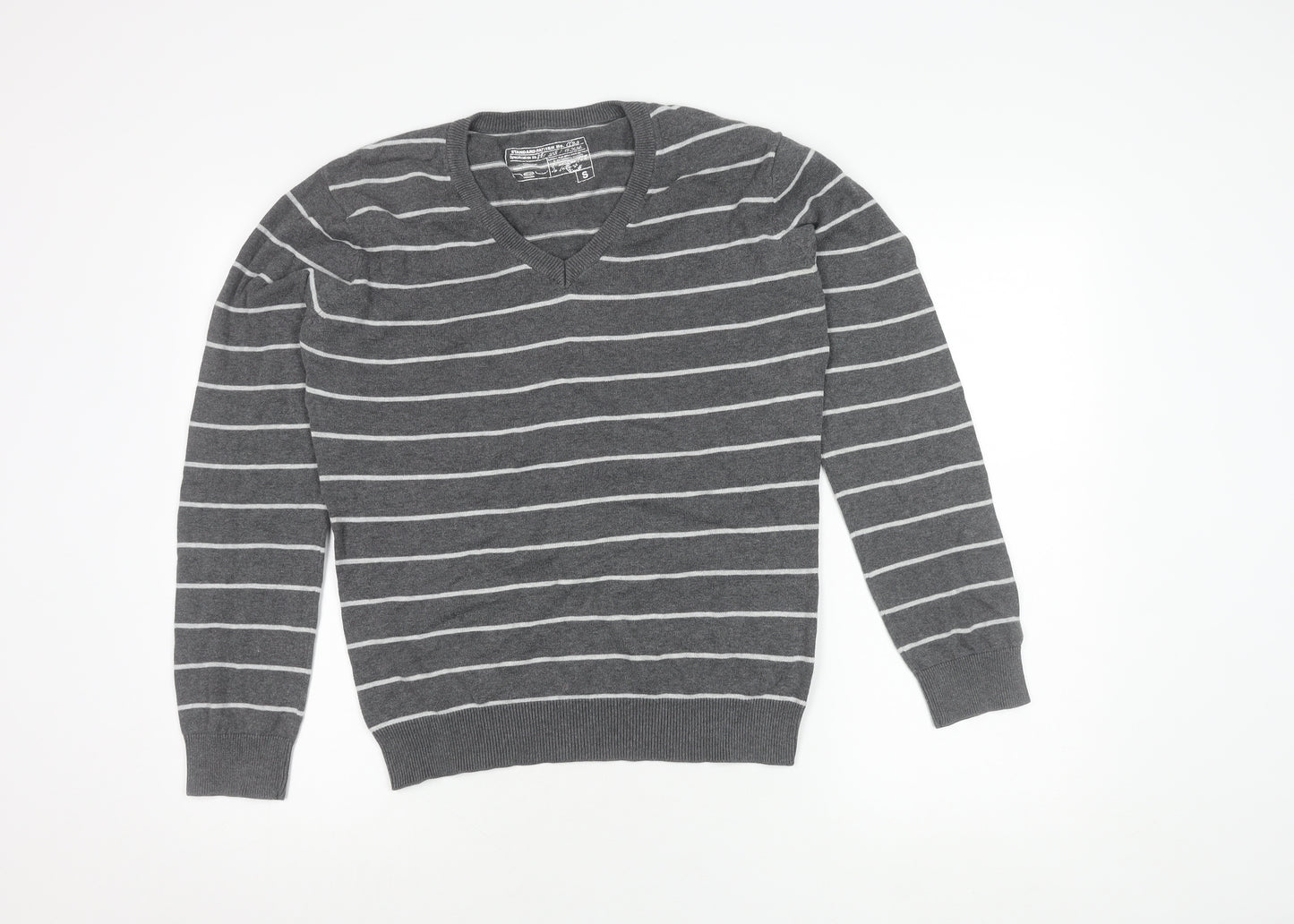 Women's Grey Striped V-Neck Pullover Jumper - S