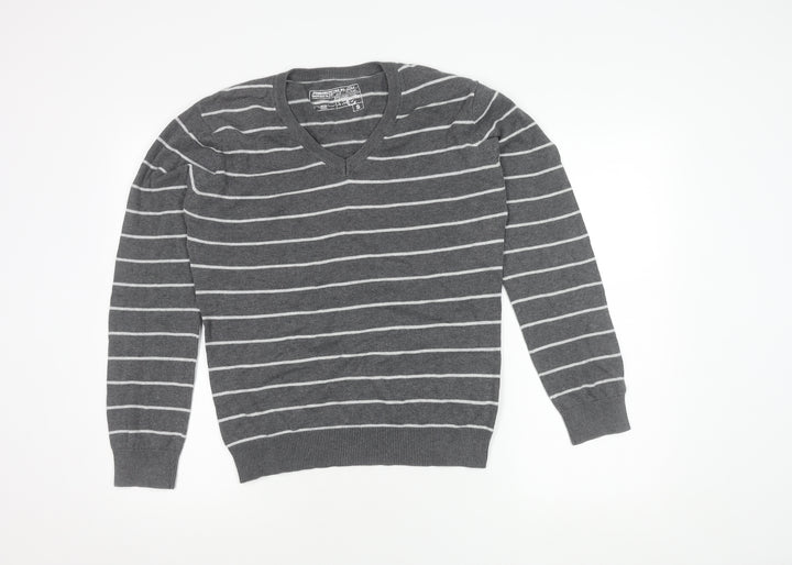 Women's Grey Striped V-Neck Pullover Jumper - S