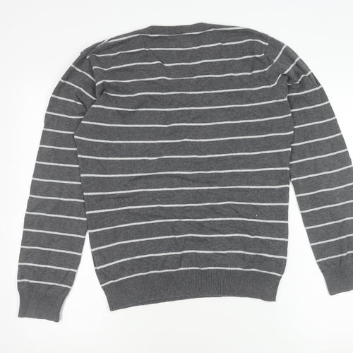 Women's Grey Striped V-Neck Pullover Jumper - S