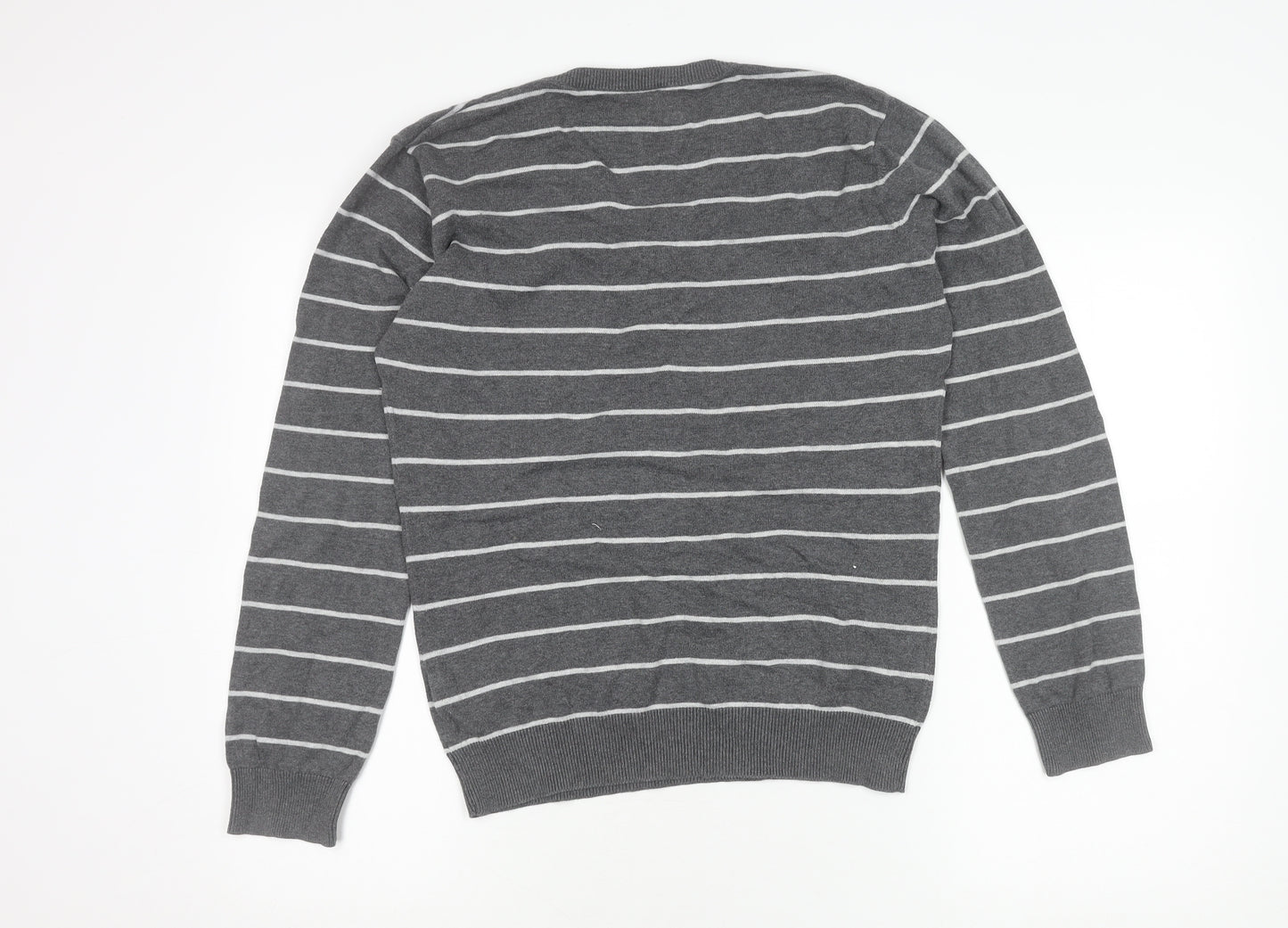 Women's Grey Striped V-Neck Pullover Jumper - S