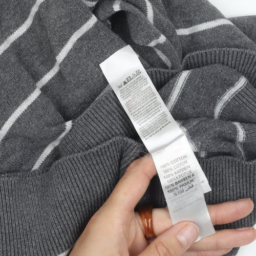 Women's Grey Striped V-Neck Pullover Jumper - S