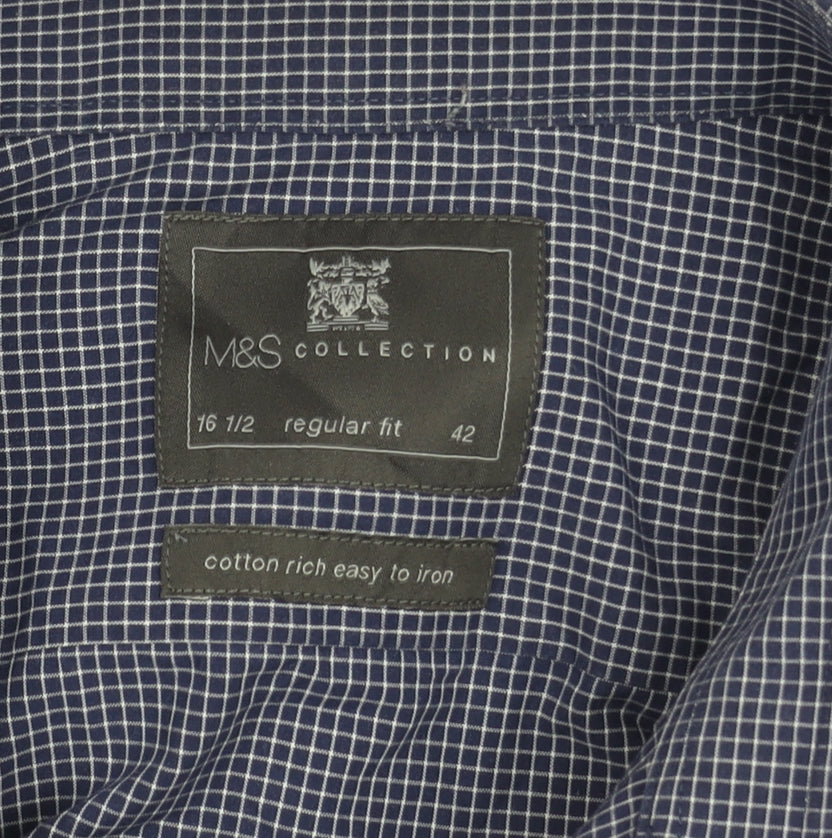 Marks and Spencer Men's Blue Check Shirt, Regular Fit