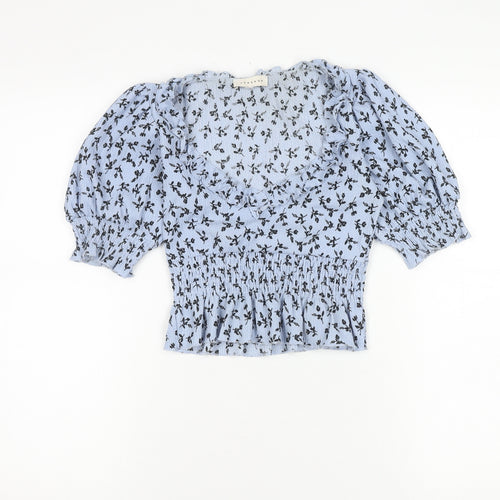 Topshop Women's Blue Floral V-Neck Blouse