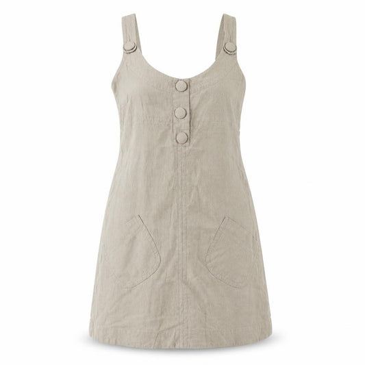 Front view of Warehouse Beige Linen Cotton Pinafore Dress UK 10