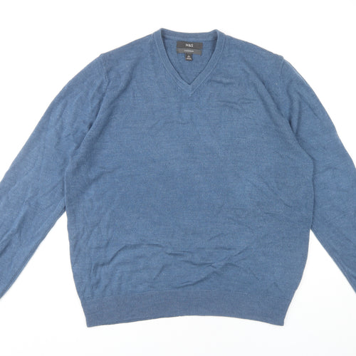 Marks and Spencer Men's Blue V-Neck Jumper - Size L