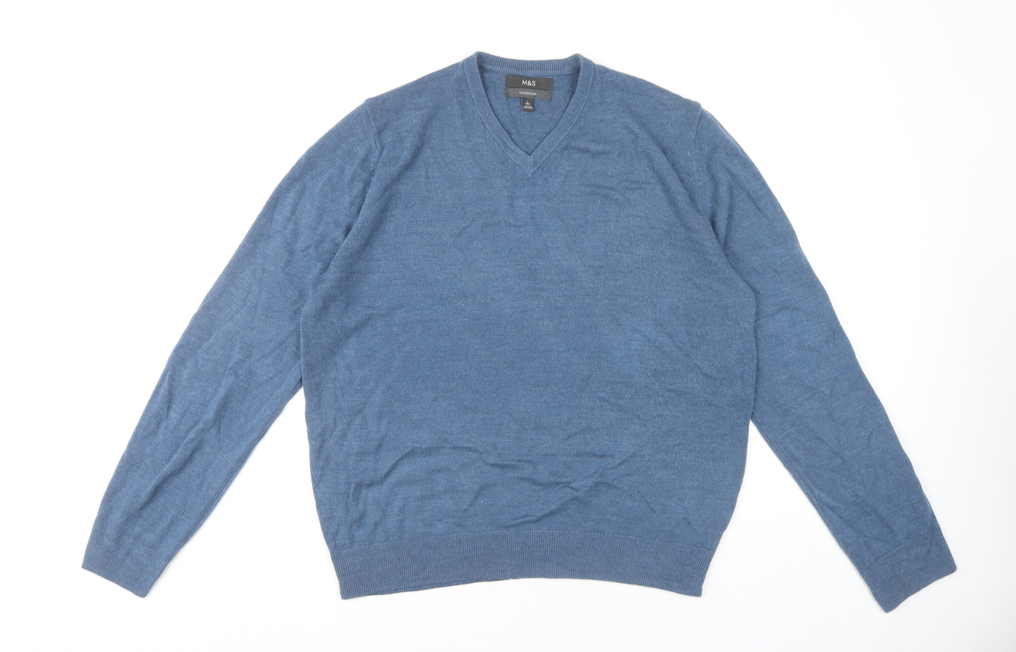 Marks and Spencer Men's Blue V-Neck Jumper - Size L