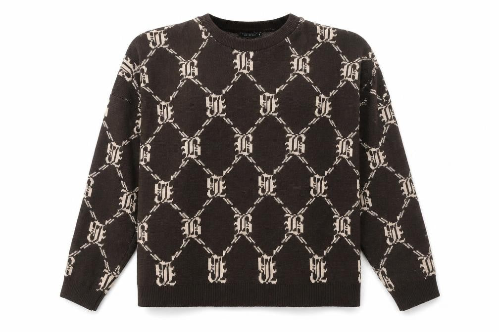 Front view of Boohoo Women's XL Brown Geometric jumper
