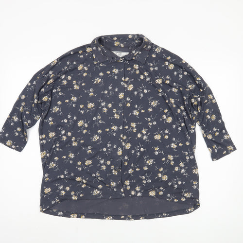 Fat Face Women's Blue Floral Button-Up 3/4 Sleeve Top