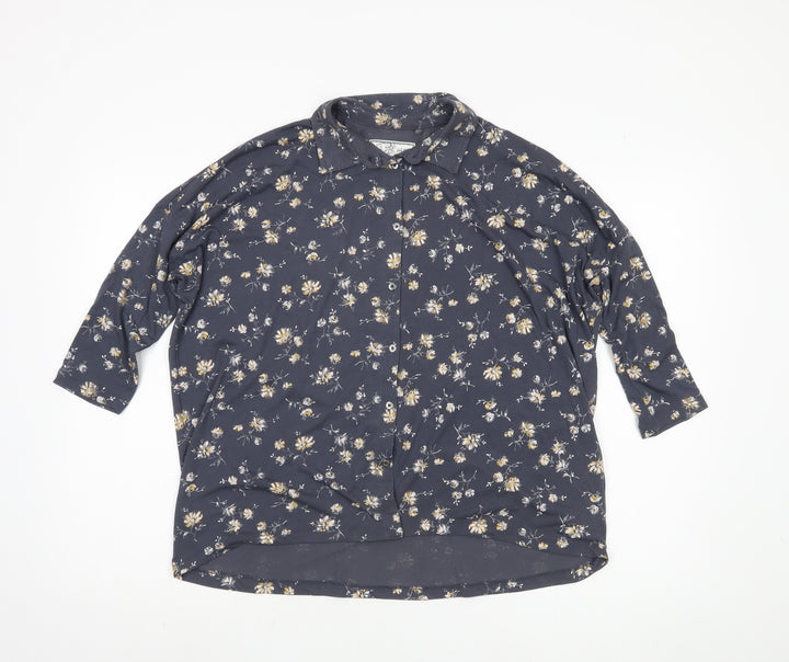 Fat Face Women's Blue Floral Button-Up 3/4 Sleeve Top