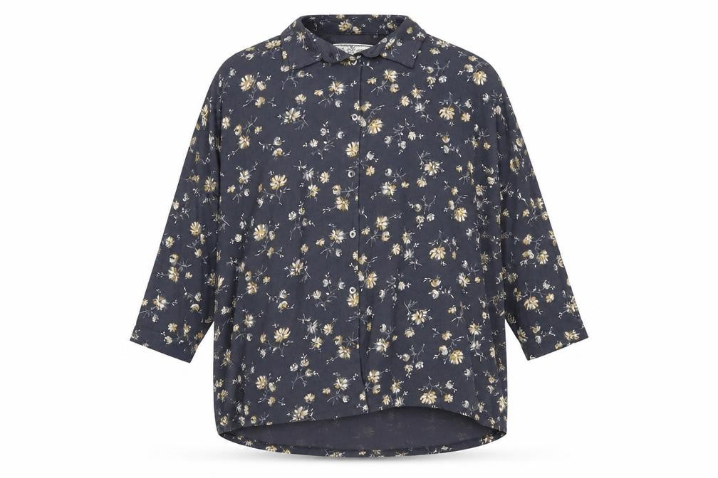Front view of FatFace Women's Blue Floral Button-Up 3/4 Sleeve Top