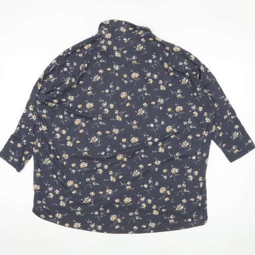 Fat Face Women's Blue Floral Button-Up 3/4 Sleeve Top