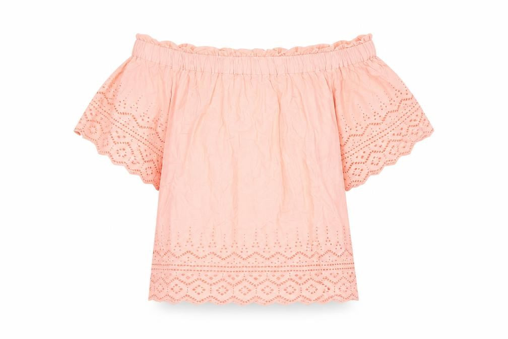 Front view of H&M Women's Pink Cropped Blouse, Off Shoulder, size 4