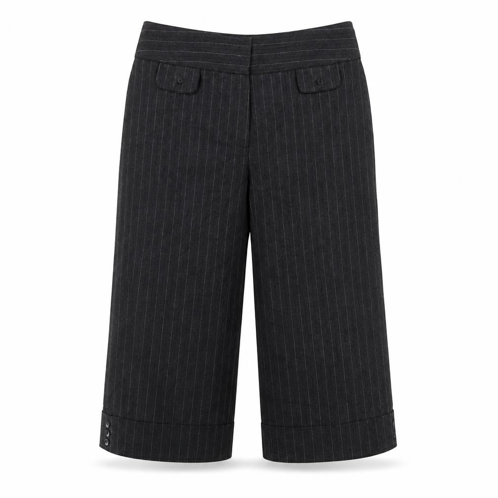 Front view of CMD Women's Black Striped Cropped Trousers, size 16