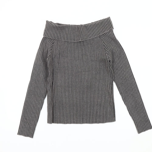 Pink Vanilla Women's Grey Cowl Neck Striped Jumper M