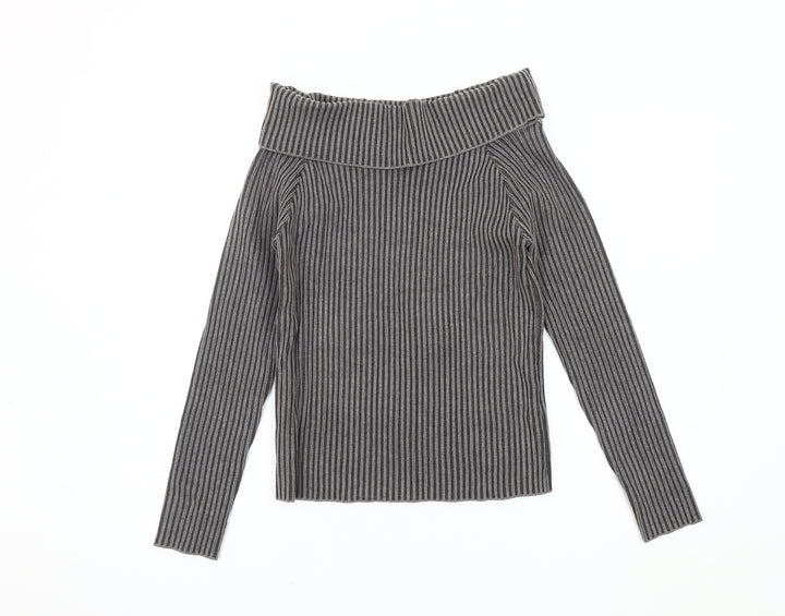 Pink Vanilla Women's Grey Cowl Neck Striped Jumper M