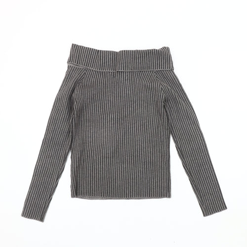 Pink Vanilla Women's Grey Cowl Neck Striped Jumper M