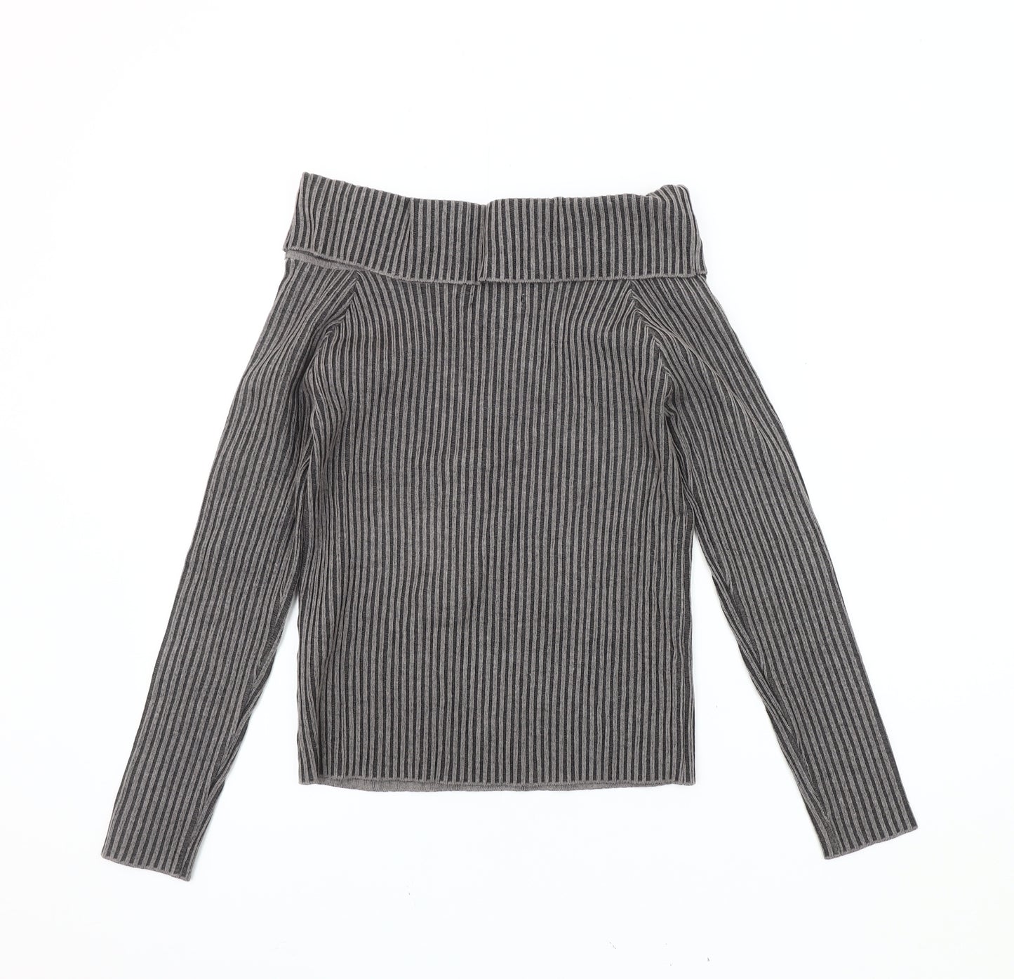 Pink Vanilla Women's Grey Cowl Neck Striped Jumper M