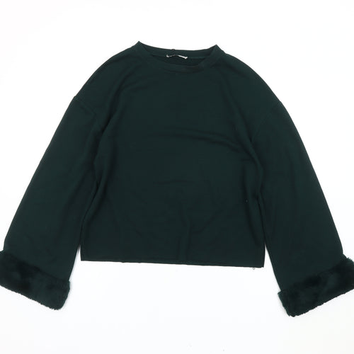 Zara Women Green Pullover Fur Trim Jumper Size 2XS