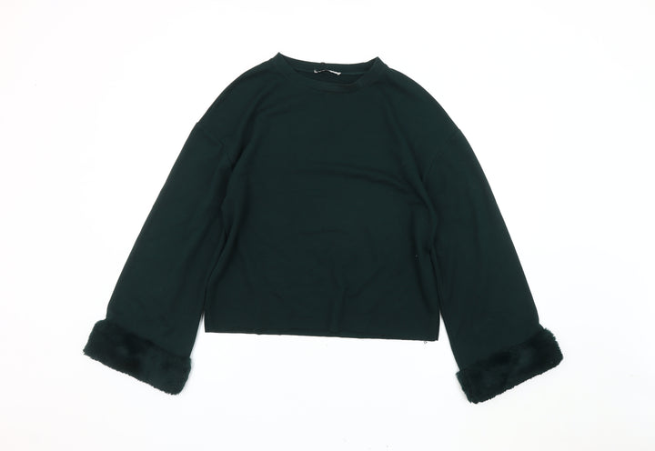 Zara Women Green Pullover Fur Trim Jumper Size 2XS