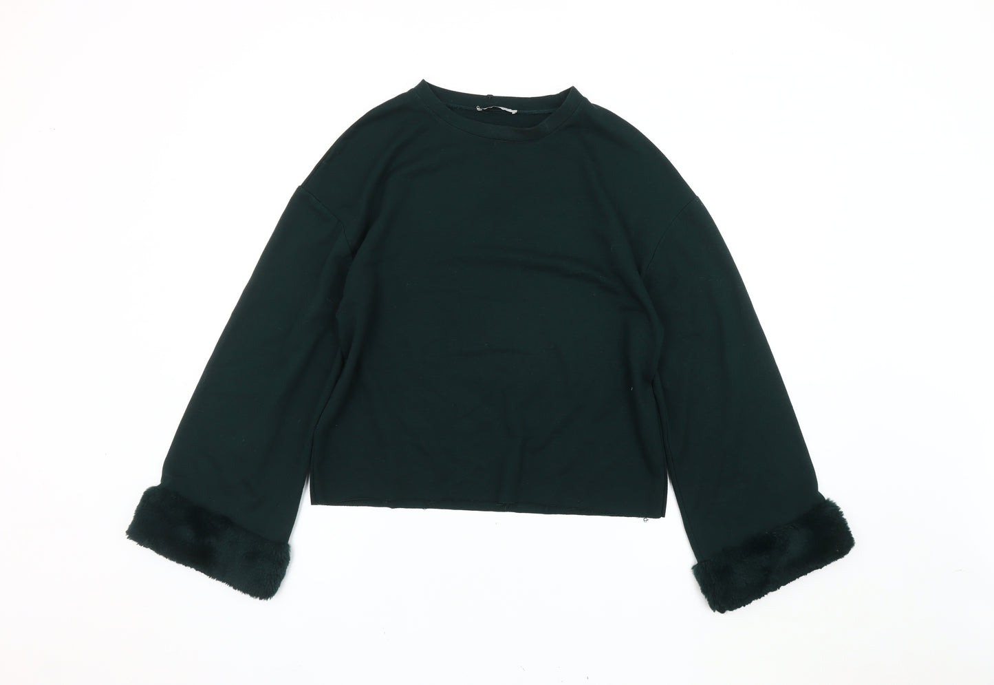 Zara Women Green Pullover Fur Trim Jumper Size 2XS