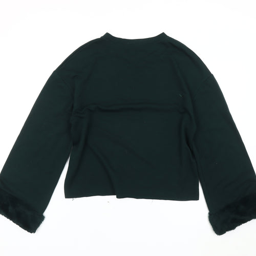 Zara Women Green Pullover Fur Trim Jumper Size 2XS