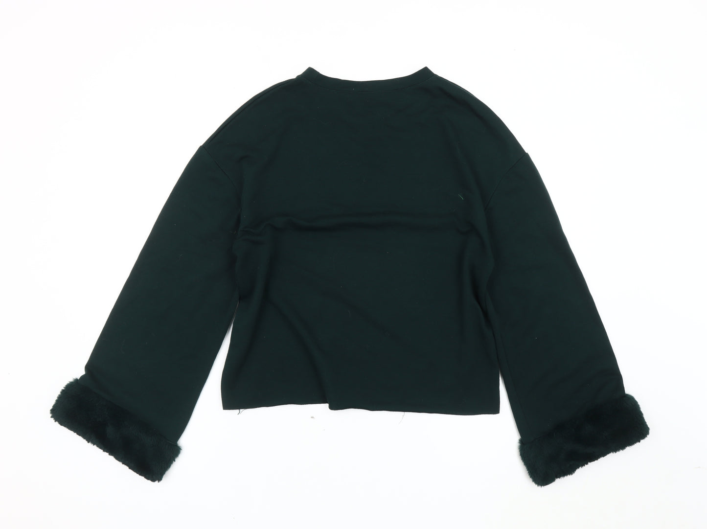 Zara Women Green Pullover Fur Trim Jumper Size 2XS