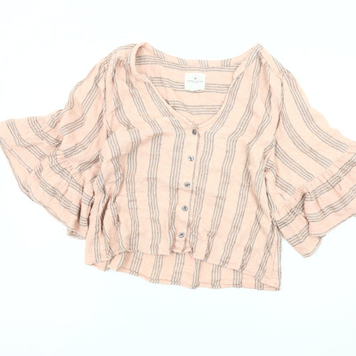 American Eagle Womens Pink Striped Blouse, M, V-Neck, Flared Sleeve