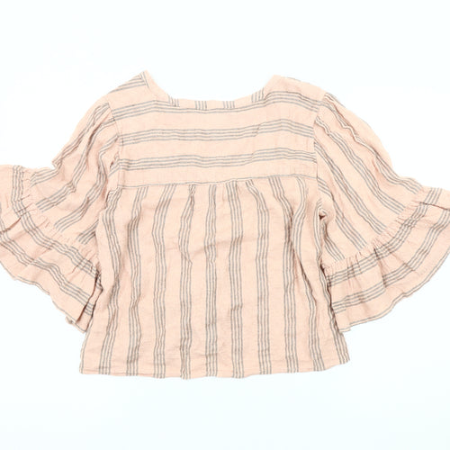 American Eagle Womens Pink Striped Blouse, M, V-Neck, Flared Sleeve
