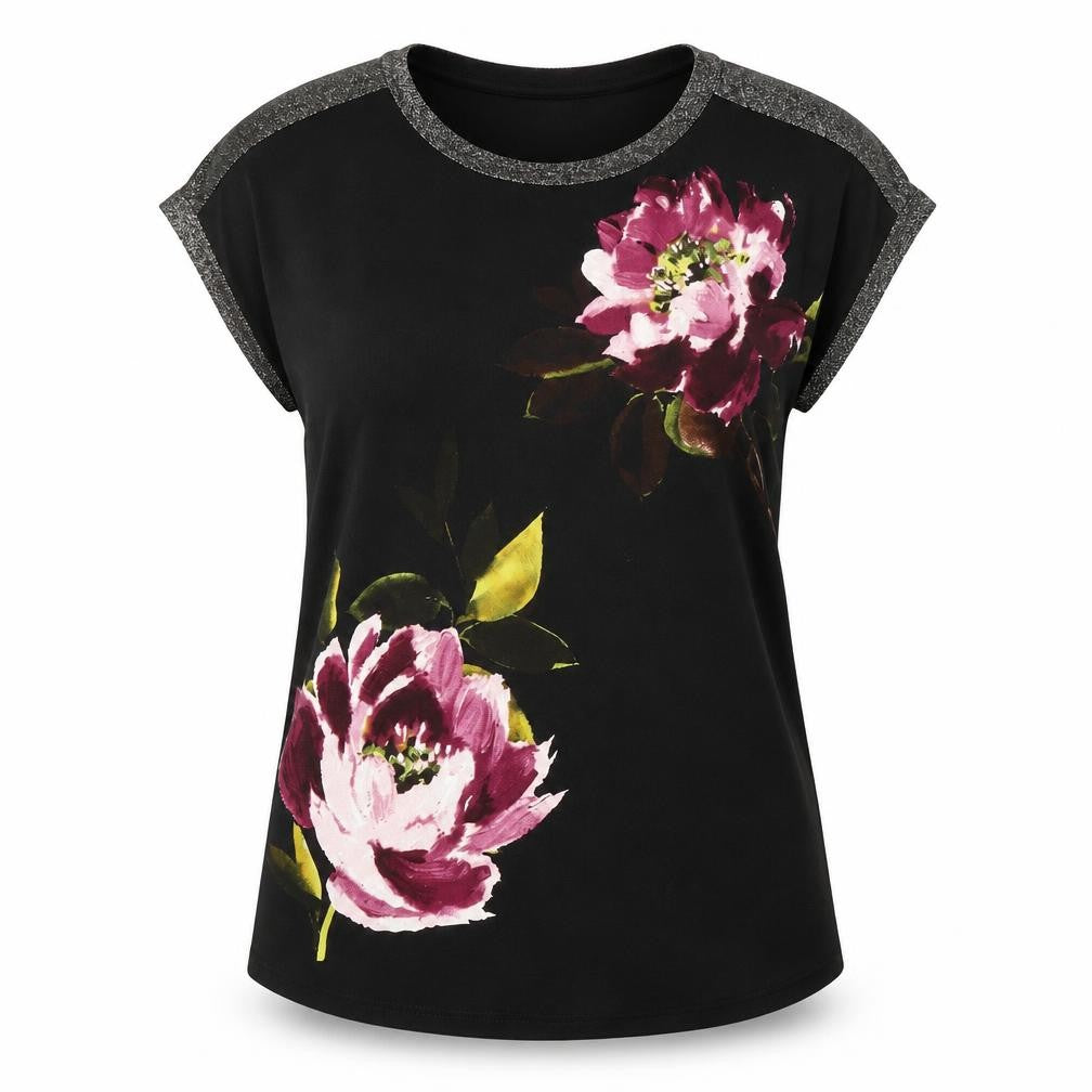 Front view of Oasis Women's Black Floral XS Short Sleeve Top