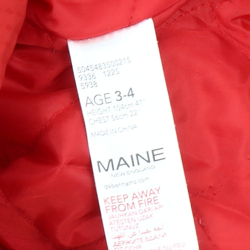 Maine New England Girls Red Puffer Jacket 3-4 Years