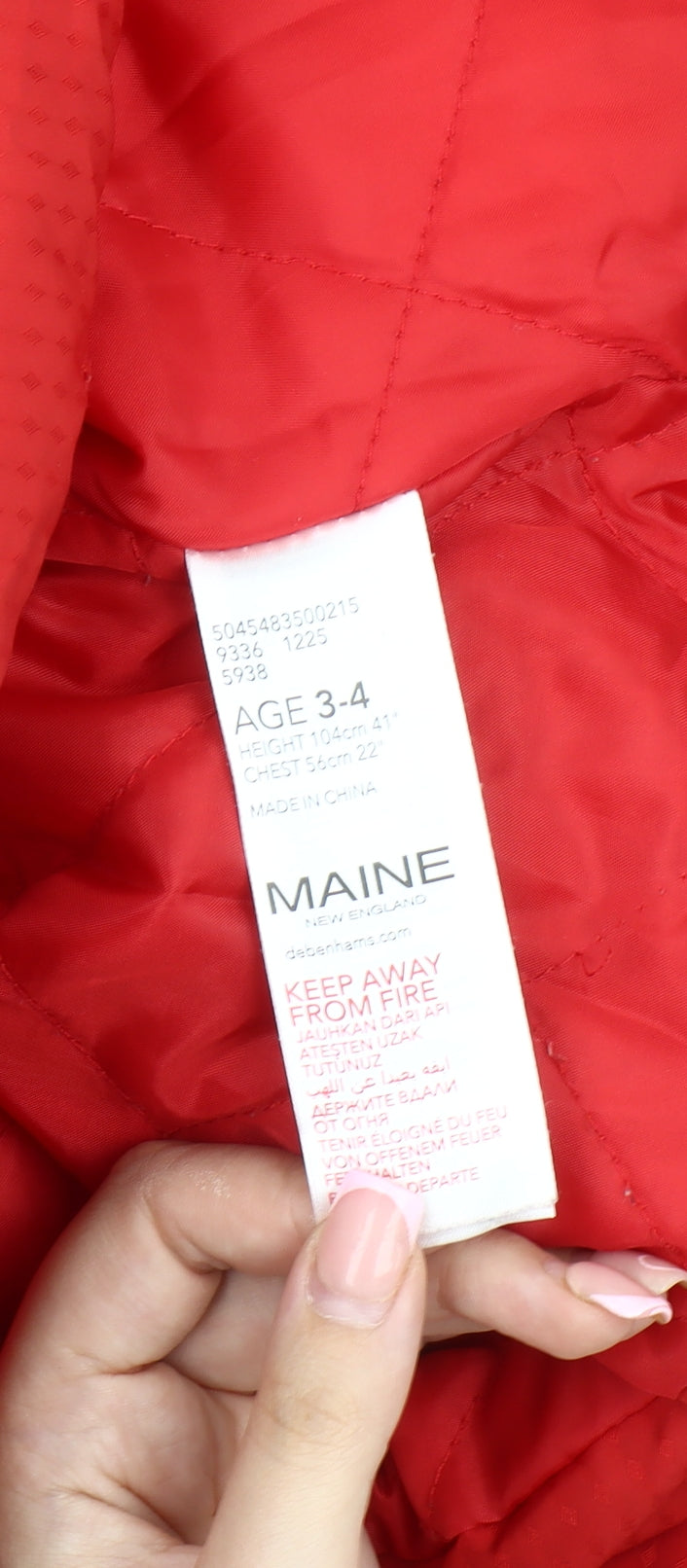 Maine New England Girls Red Puffer Jacket 3-4 Years