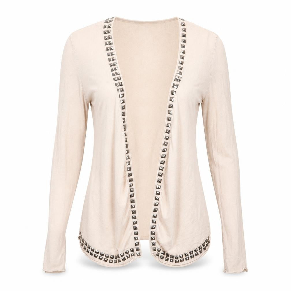 Front view of Saint Tropez Beige Studded Women’s Open Front Cardigan, size S