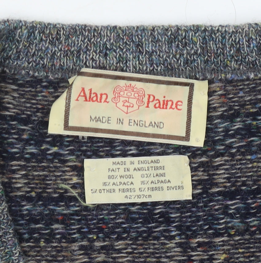 Alan Paine Men's Grey V-Neck Wool Jumper - Size L