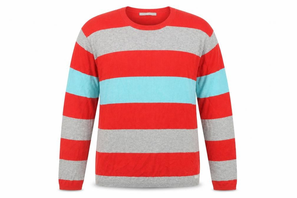 Front view of Fullcircle Men's Striped jumper Red Grey Blue L