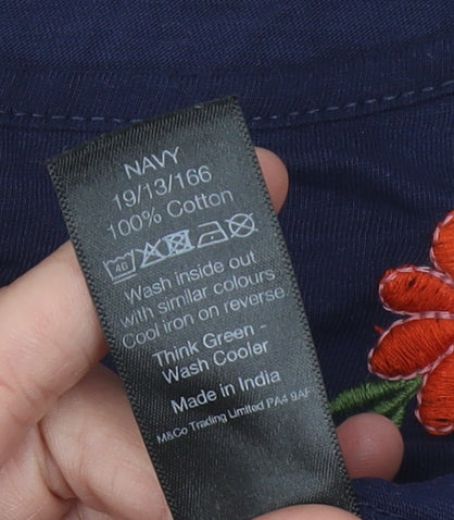 M&Co Womens Blue Embroidered Blouse Size 14